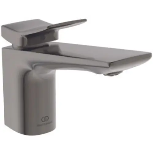 Waschbeckenarmatur in einem schlichten Design mit seitlichem Bedienhebel, gefertigt von Ideal Standard, in einem matten grauen Farbton.